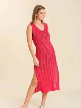 Umgee Sleeveless Openwork Knit Midi Dress in Hot Pink